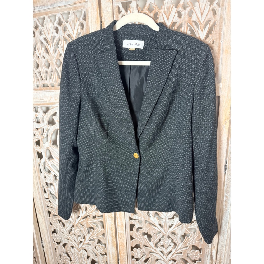 Calvin Klein Womens Charcoal Grey Micro Dot Single Button Blazer Jacket Size 10